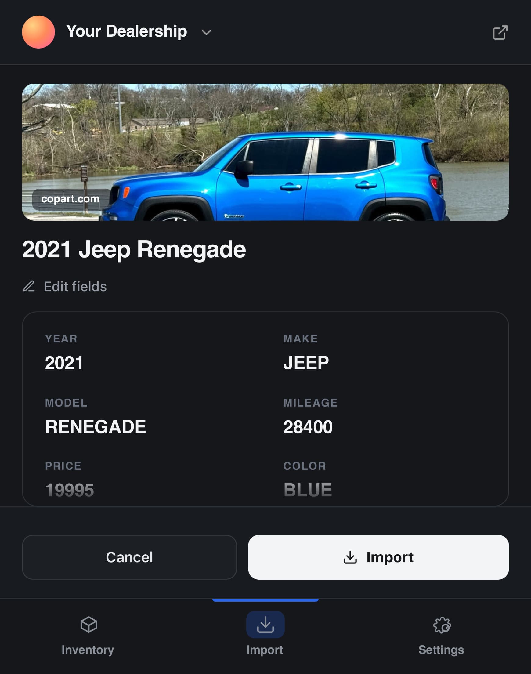 Dealerspot extension import screen with vehicle fields