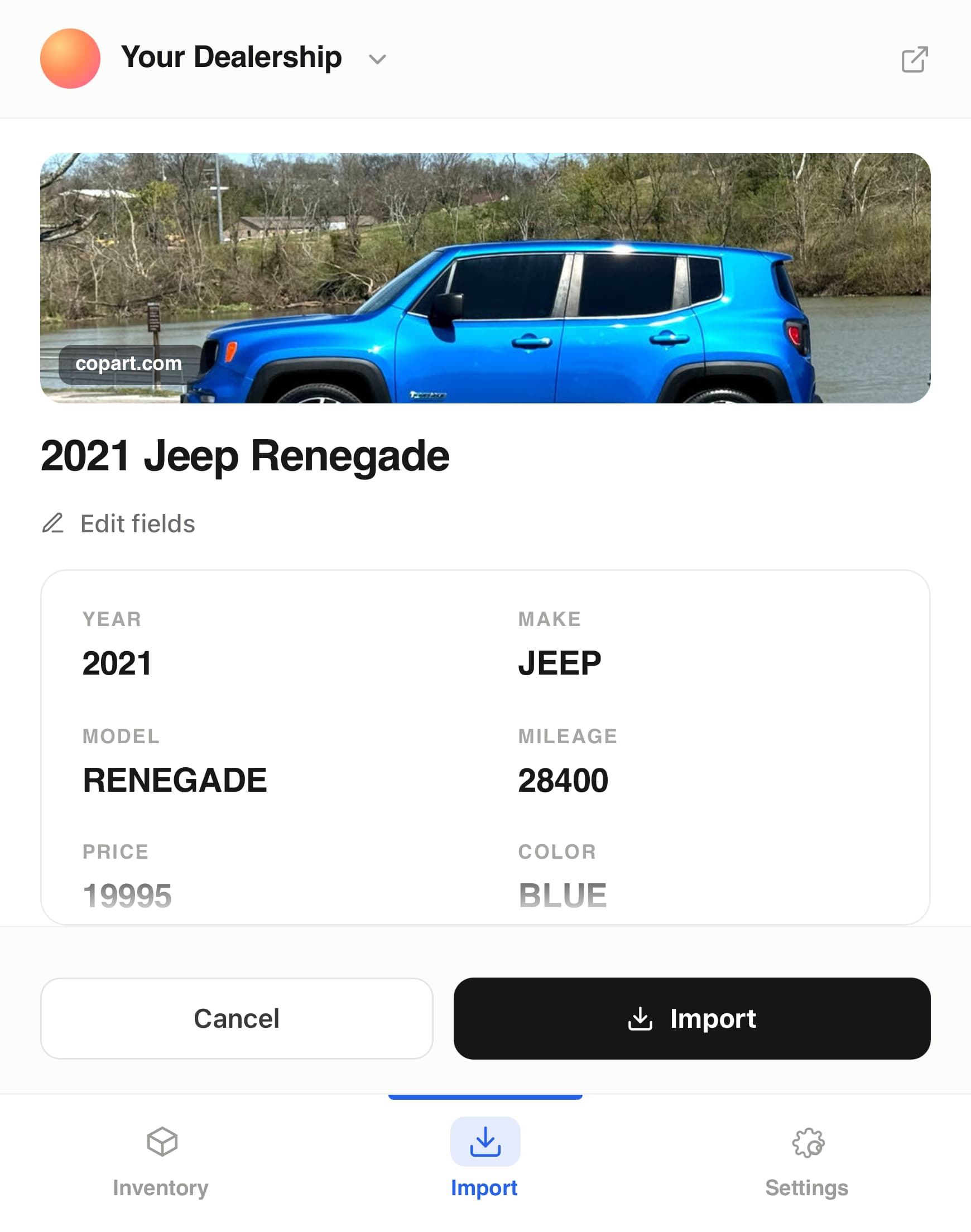 Dealerspot extension import screen with vehicle fields