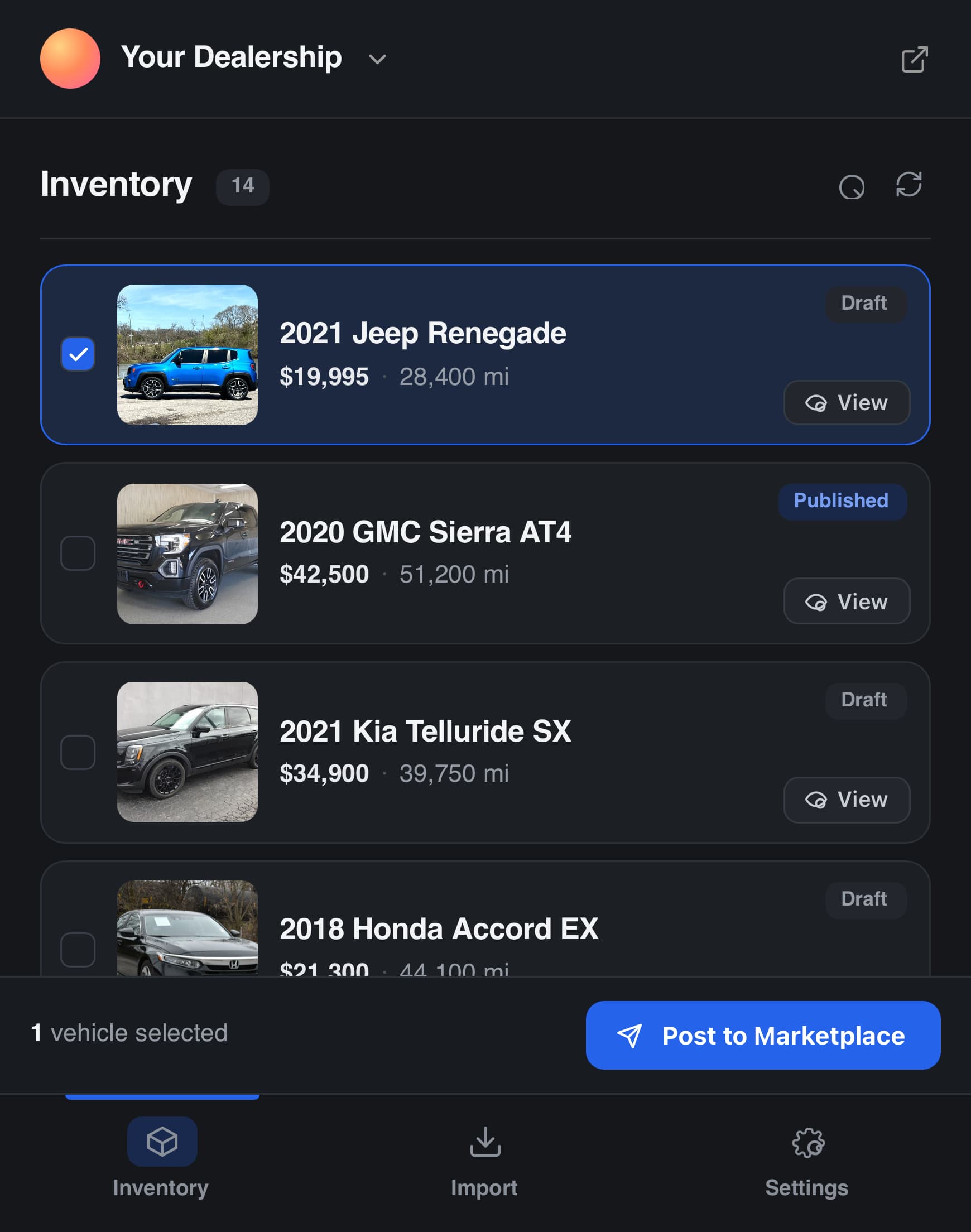 Dealerspot extension posting selected inventory to Facebook Marketplace