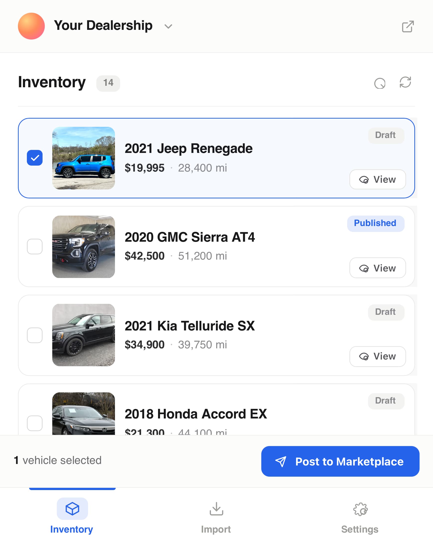 Dealerspot extension posting selected inventory to Facebook Marketplace