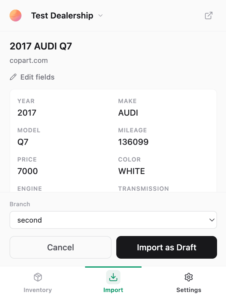 Dealerspot extension import panel on an auction listing