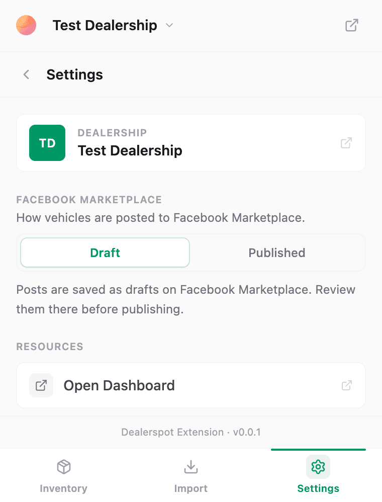 Dealerspot extension Facebook Marketplace settings